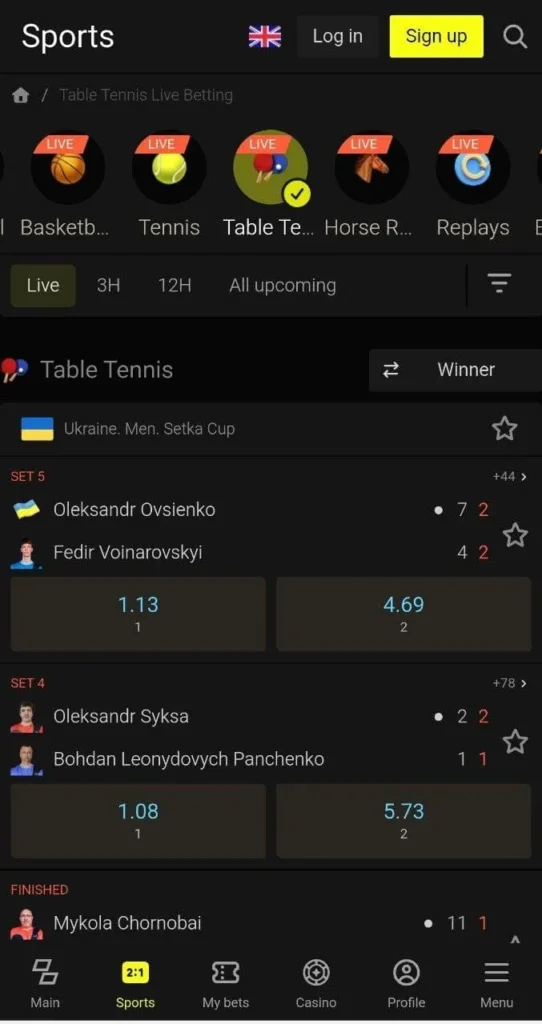 Parimatch online table tennis betting