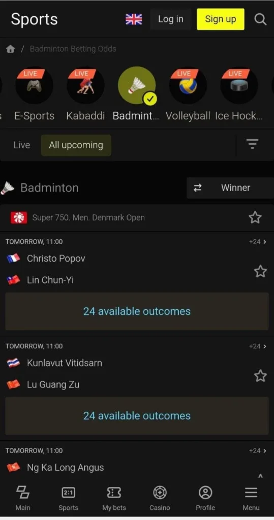 Parimatch Badminton online betting