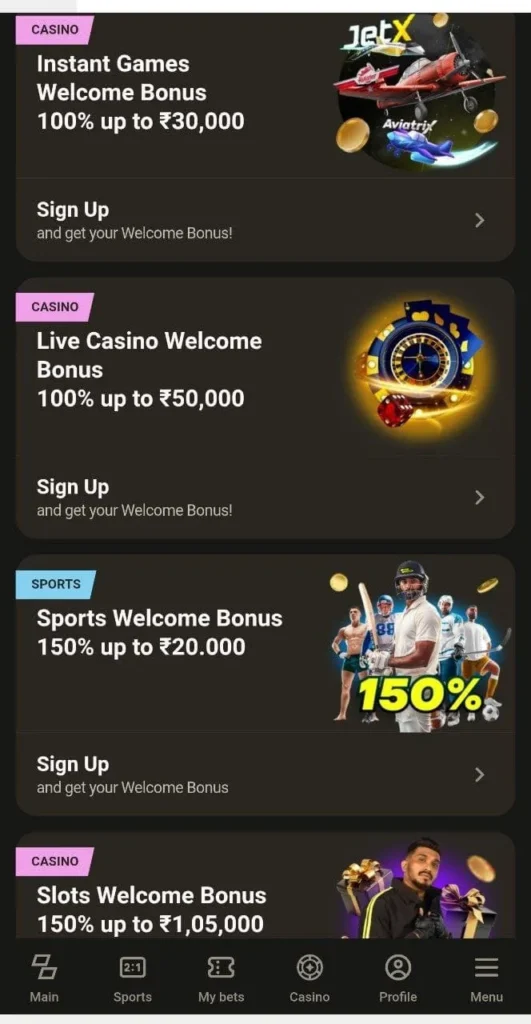 Parimatch Welcome bonuses