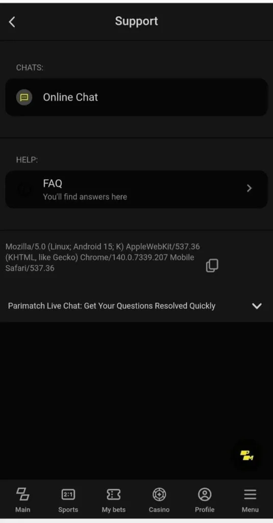 Parimatch customer support