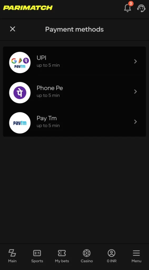 Parimatch app deposit money