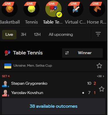 table tennis live betting Parimatch