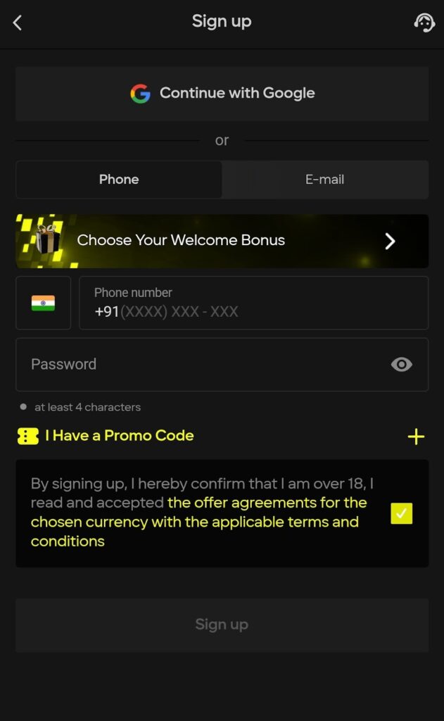 Parimatch account registration