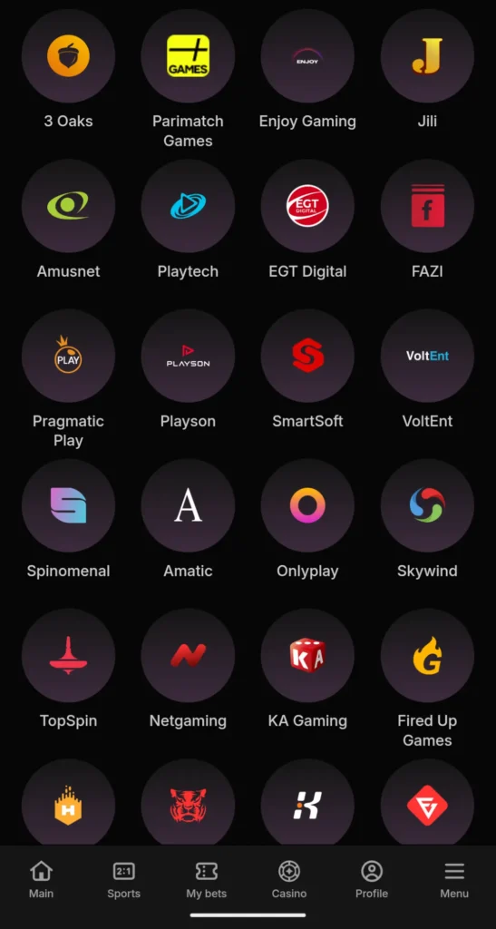Parimatch slot game providers